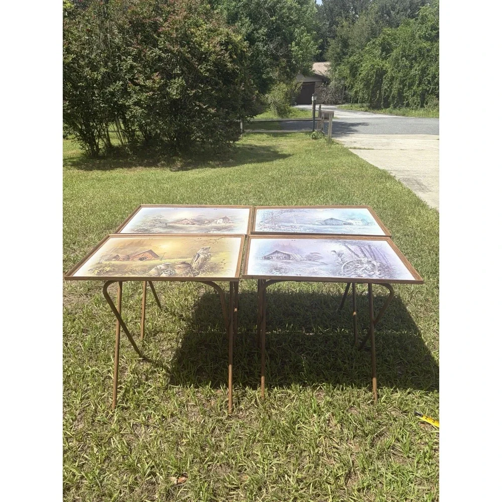 Vintage Set of 4 Andres Orpinas Folding TV Tray Tables Barn Farm Rustic Cabin